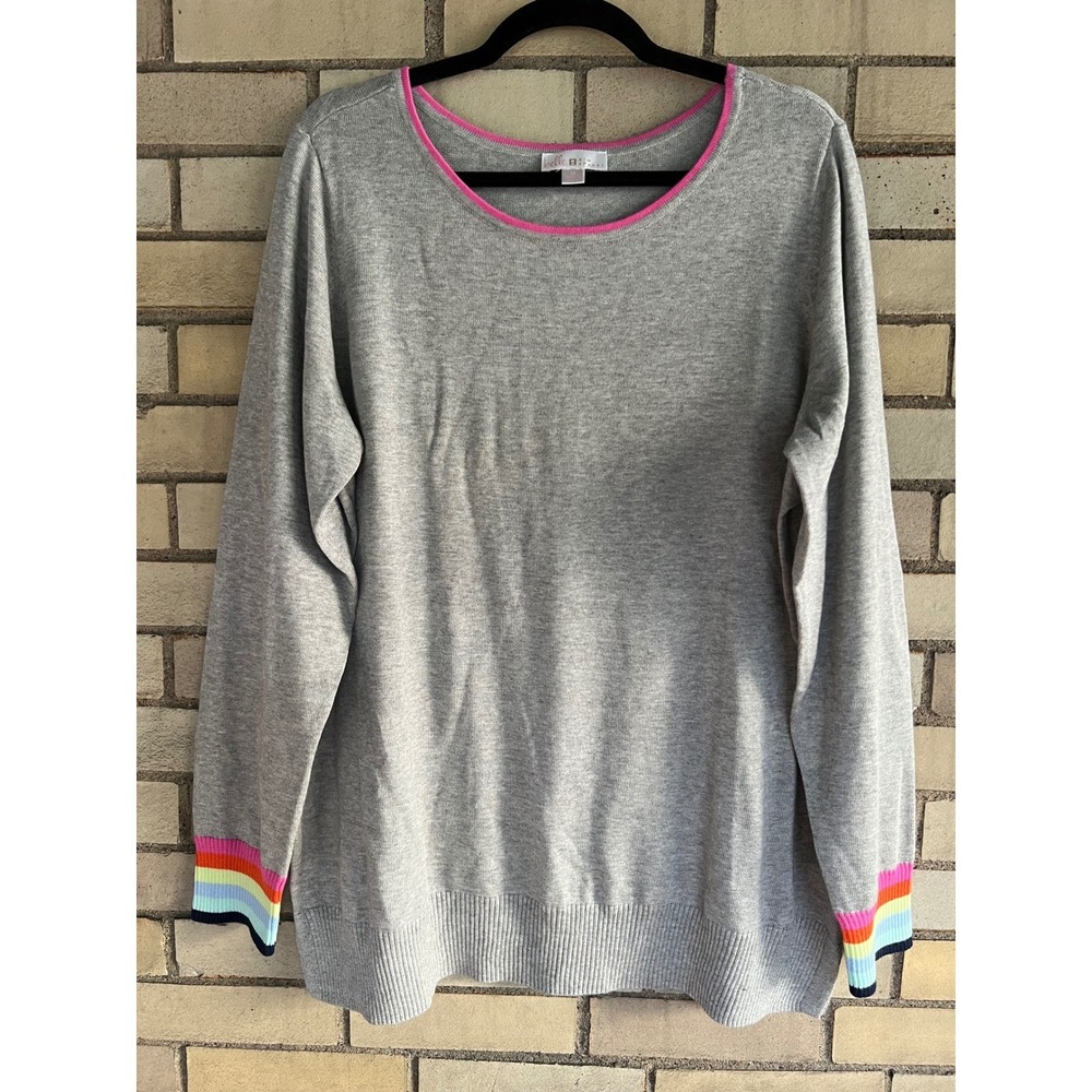 Belle by Kim Gravel Gray Rainbow Striped Cuff Sweater Women's Plus Size 1X
